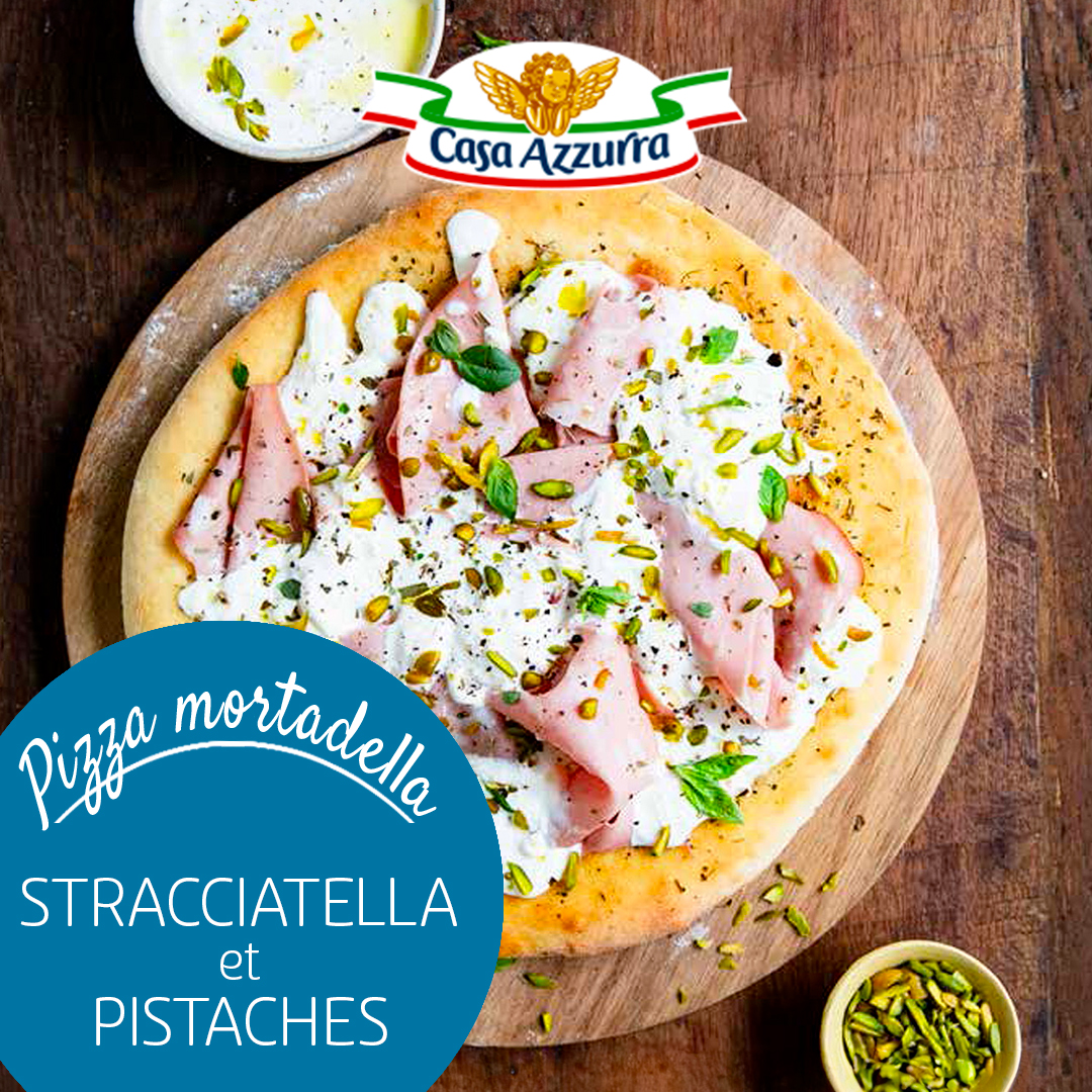 Pizza mortadella, stracciatella Casa Azzurra et pistaches